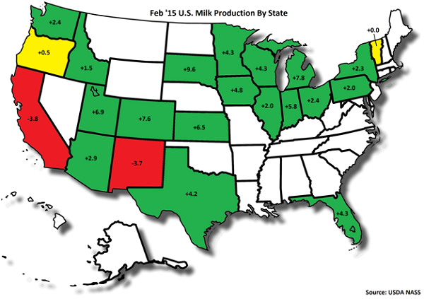 Feb '15 US Milk Production by State