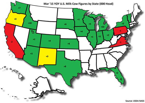 Mar '15 YOY US Milk Cow Figures by State