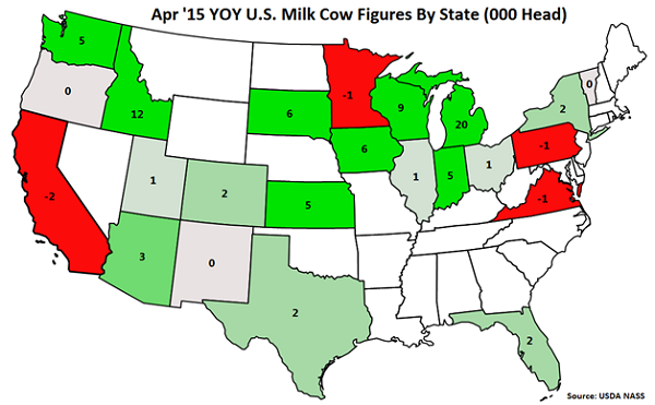 Apr '15 YOY US Milk Cow Figures by State - May