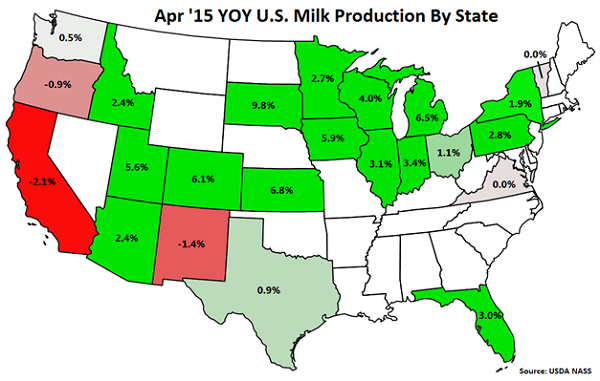 Apr '15 YOY US Milk Production by State - May