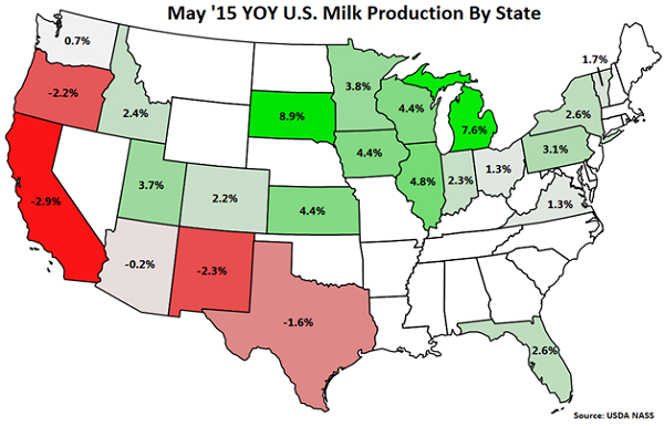 May '15 YOY US Milk Production by State - June