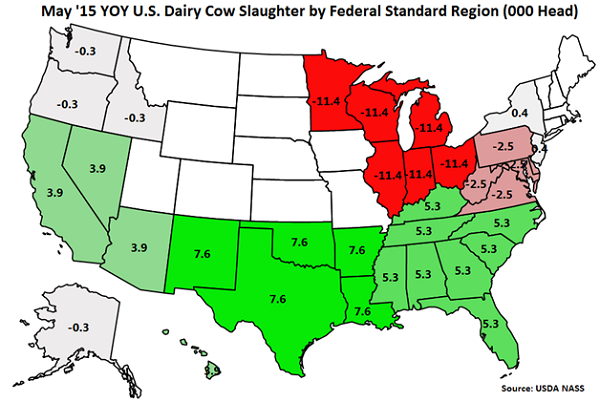 May'15 YOY US Dairy Cow Slaughter by Standard Federal Region - June