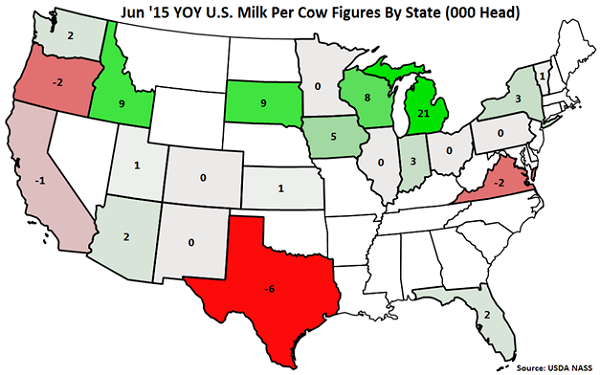 Jun '15 YOY US Milk Cow Figures by State - July
