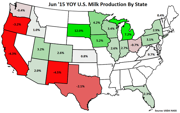 Jun '15 YOY US Milk Production by State - July