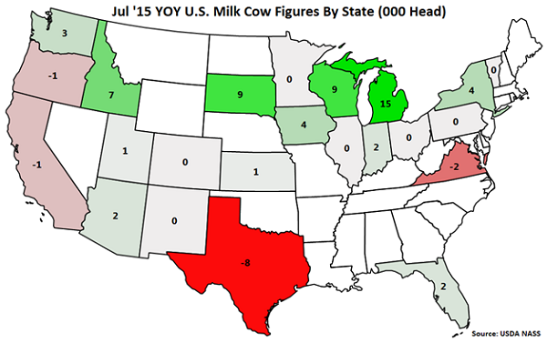 Jul '15 YOY US Milk Cow Figures by State - Aug