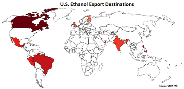 US Ethanol Export Destinations - Aug