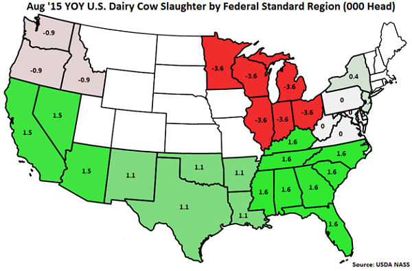 Aug 15 YOY US Dairy Cow Slaughter by Standard Federal Region - Sep