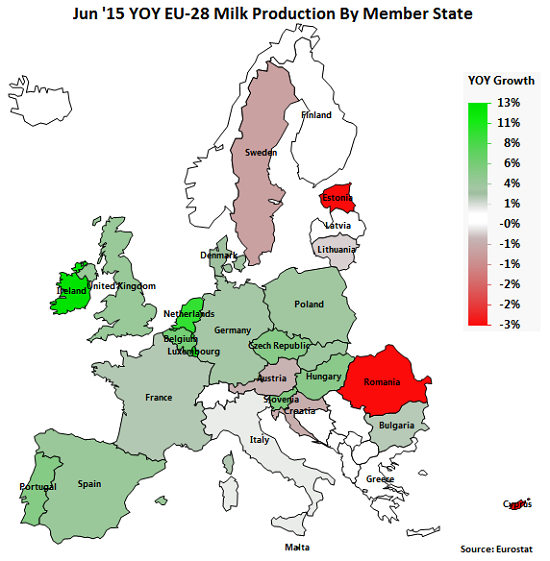 Jun 15 YOY EU-28 Milk Production by Member State - Aug