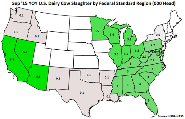 Sep 15 YOY US Dairy Cow Slaughter by Standard Federal Region - Oct