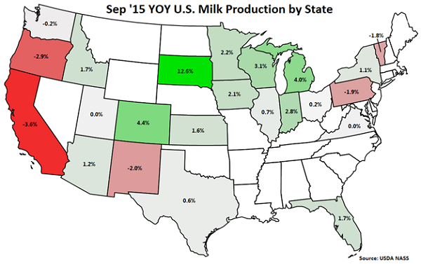 Sep 15 YOY US Milk Production by State - Oct