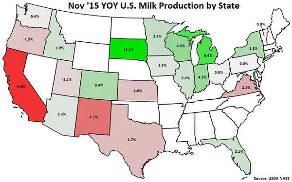 Nov 15 YOY US Milk Production by State - Dec