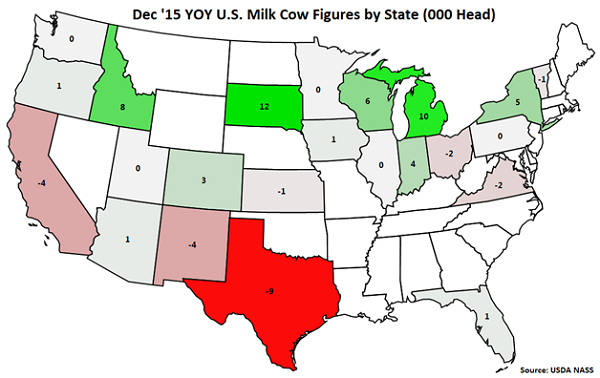 Dec 15 YOY US Milk Cow Figures by State - Jan 16