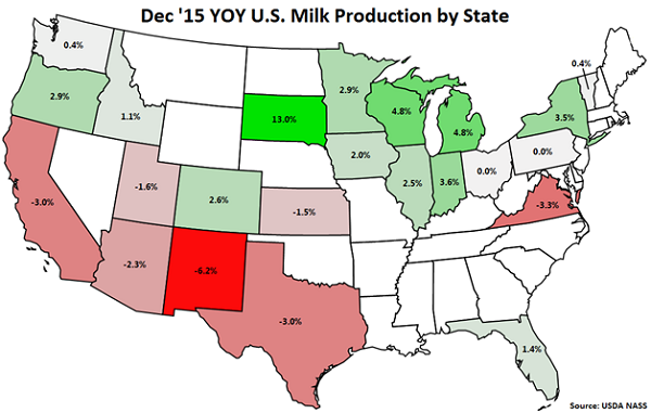 Dec 15 YOY US Milk Production by State - Jan 16