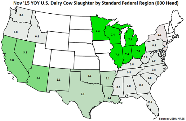 Nov 15 YOY US Dairy Cow Slaughter by Standard Federal Region - Dec