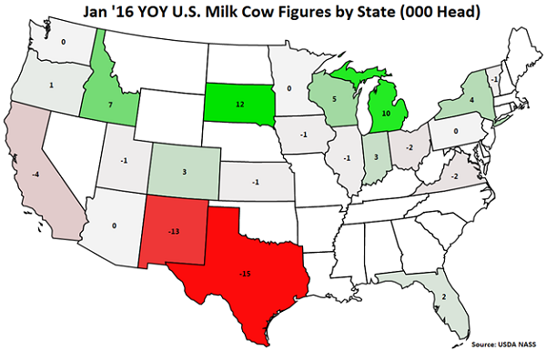 Jan 16 YOY US Milk Cow Figures by State - Feb 16