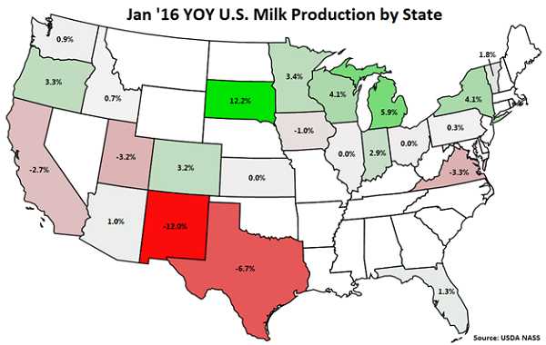 Jan 16 YOY US Milk Production by State - Feb 16