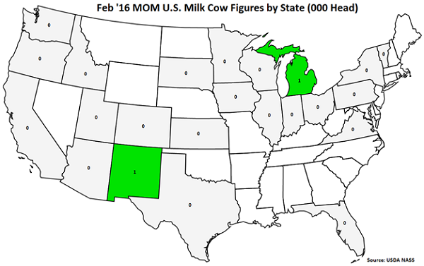 Feb 16 MOM US Milk Cow Figures by State - Mar 16