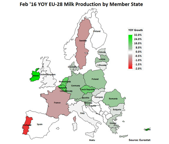 Feb 16 YOY EU-28 Milk Production by Member State - Apr 16
