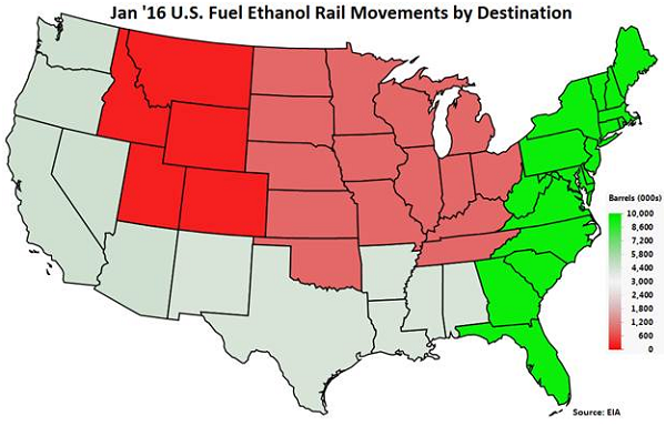 Jan 16 US Fuel Ethanol Rail Movements by Destination - Apr 16