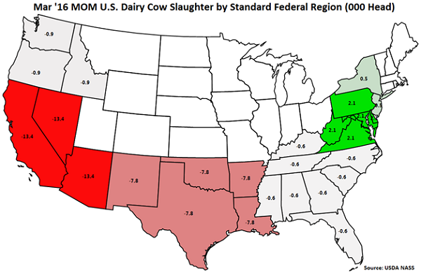 Mar 16 MOM US Dairy Cow Slaughter by Standard Federal Region - Apr 16
