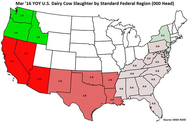 Mar 16 YOY US Dairy Cow Slaughter by Standard Federal Region - Apr 16