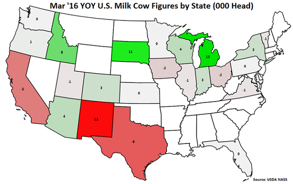 Mar 16 YOY US Milk Cow Figures by State - Apr 16