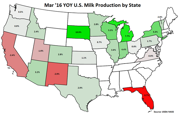 Mar 16 YOY US Milk Production by State - Apr 16